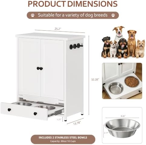 Dog Feeding Station with Storage, Metal Dog Food Storage Cabinet with 2 Elevated Bowls and 3 Hooks, Pet Feeding Station and Dogs Food Storage Organizer - Image 2