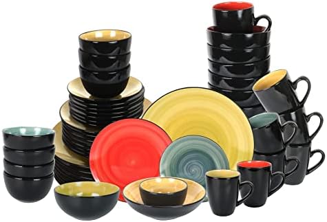 HomeVss, Stoneware Sonoma Dinnerware Set, Black + Speckled Spin Wash (56pc Set, Mix Blue, Green, Red, Yellow) - Image 2