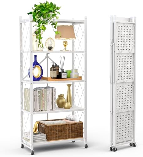 Our Modern Space 5-Tier Foldable Storage Shelf with Wheels | Metal Rack Collapsible Shelving Display | Rolling Cart for Books Kitchen Storage Shelves | Pantry & Closet Organizer | Office Room Decor by OurModernSpace