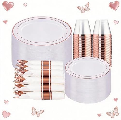 WELLIFE 350Pcs Rose Gold Plastic Plates for 50 Guests - Plastic Dinnerware Set,Party Supplies Includes 100 Rose Gold plates,150 Silverware,50 Napkins,50 Cups for Valentines and Galentines by WELLIFE
