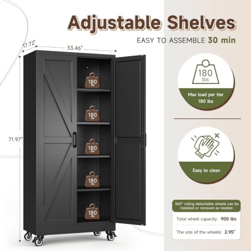 Letaya Metal Garage Storage Cabinet with Wheels,Large Black Kitchen Pantry - Image 3
