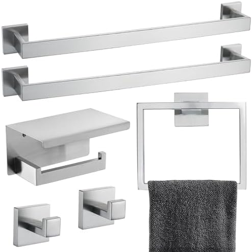 Brushed Nickel Bathroom Towel Bar Set Bathroom Accessories Hardware Set Including Double Towel Bar Towel Ring Coat Hook and Toilet Paper Holder with Shelf. Wall Mounted Stainless Steel by TNOMS