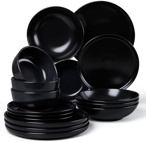 LIANYU 16 Piece Dinnerware Sets with Double Bowls for 4, Black Onyx by LIANYU