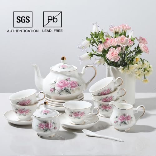 Sweejar Porcelain Tea Set Vintage Floral, British Relief Gold Rim Teapot Cup and Saucer Sets, 22-Piece Tea Sets for Adults, with Teapot, Sugar Bowl, Milk Jug, Spoons, Cup and Saucer (Pink Flower) - Image 3