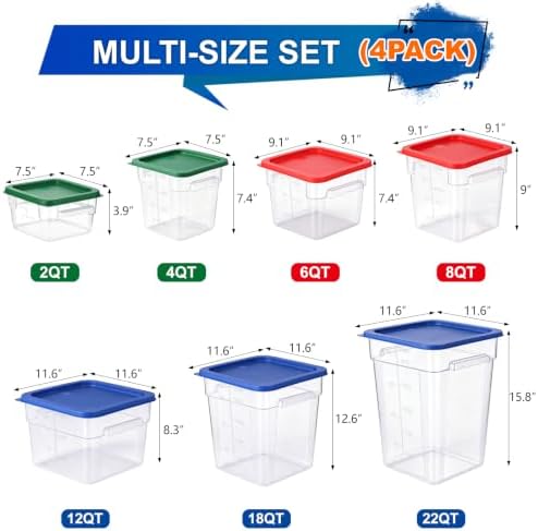 4Pack - 12QT Food Storage Containers with Lids & Handles, Polycarbonate Clear Airtight Food Container with Scale Marks for Bread Proofing, Flour, Commercial Grade, Restaurant & Kitchen, Square, Blue - Image 2