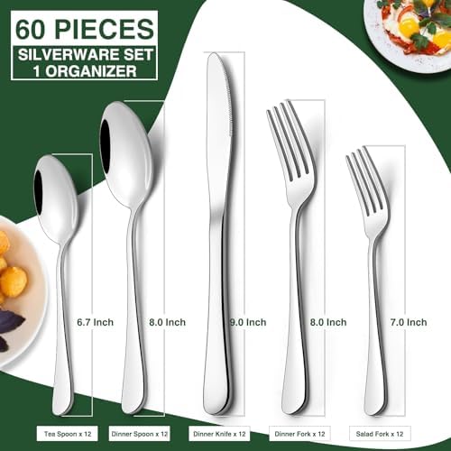 60-Piece Silverware Set with Organizer,AIVIKI Stainless Steel Flatware Set for 12,Cutlery Utensil Sets for Home Restaurant,Tableware Set Include forks spoons and knives,Mirror Polished,Dishwasher Safe - Image 3