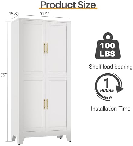 75" Tall Kitchen Pantry Cabinet, White Metal Pantry Storage - Image 2