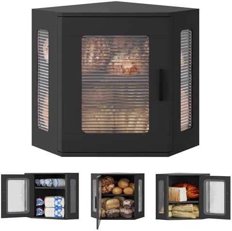TQVAI Bread Box for Kitchen Countertop Large Corner Bread Loaf Storage Container Double Layer Wooden Bread Boxes Bin Farmhouse Pantry Shelf with Acrylic Window, Black by TQVAI