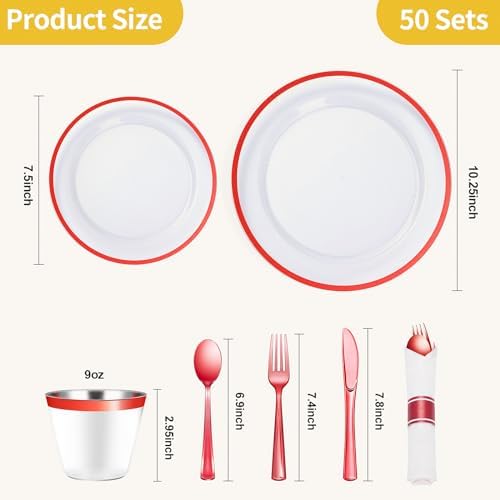 Goodluck 350 Pcs Clear Red Plastic Dinnerware Sets for Party for 50 Guests - Image 4