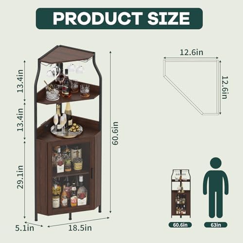 Garvee Corner Wine Bar Cabinet,5-Tier Farmhouse Corner Liquor Storage Cabinet with Barn Door,Glass Rack,Adjustable Shelves,Home Bar Storage for Dining Room,Kitchen,Living Room Rustic Brown - Image 2