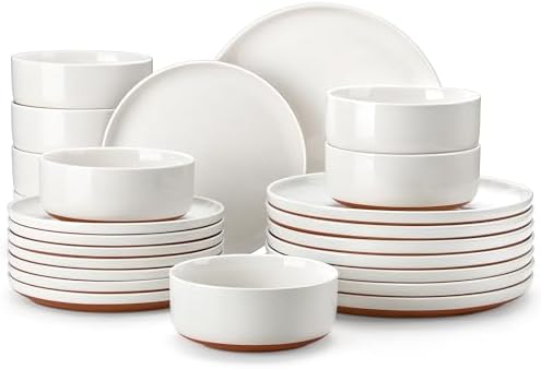 MALACASA Plates and Bowls Sets, 24 Pieces Modern Ceramic Dinnerware Set for 8 Kitchen Stoneware Dishes Dishware Set Microwave and Dishwasher Safe, White, Series TARA by MALACASA