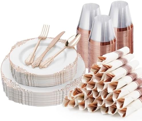 Bestluck 175PCS Rose Gold Disposable Dinnerware for 25 Guests by Bestluck