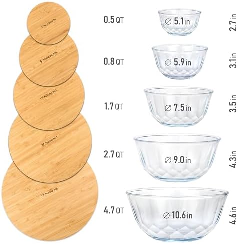 Large Stackable Glass Mixing Bowls with Bamboo Lids Set of 5 - Image 3
