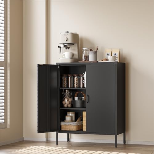COFaR Black Metal Storage Cabinet, 40” Industrial Kitchen Organizer & Buffet Sideboard, 3-Tier Steel Cabinet with Adjustable Shelves, Magnetic Doors for Coffee Bar, Office, Dining Room by COFAR