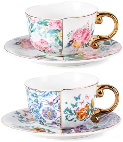 KAMMAK Tea Cups and Saucers Set of 2, Fine Bone China Coffee Cups, YX011 by KAMMAK