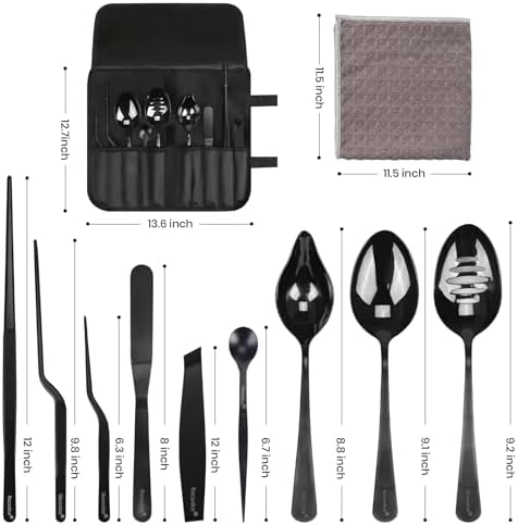 9-Piece Professional Culinary Plating Set, Black Stainless Steel Chef Plating Tools with Storage Roll & Cleaning Cloth for Food Presentation - Image 7