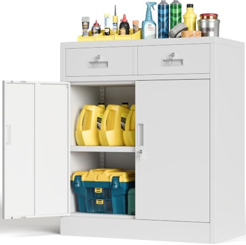 BESFUR Metal Storage Cabinet, Locking Storage Cabinet with Doors and Shelves, Reinforced Heavy Duty Metal Cabinets with Drawers for Office, Home, Garage (White) by BESFUR