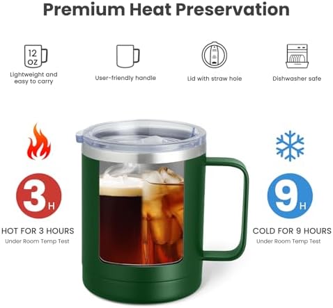 MEWAY 12oz Coffee Mug With Handle and Sliding Lid,Stainless Steel Travel Tumbler Cup with Handle,Double Wall Vacuum Insulated Camping Cup for Hot & Cold Drinks Tea (Forest Green,Set of 1) - Image 2