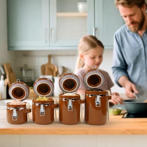 4 Piece Airtight Ceramic Canister Set With Attached Wooden Spoon Reusable Chalk Labels For Dry Goods Sugar Coffee Tea Kitchen Storage Use (Brown) - Image 7