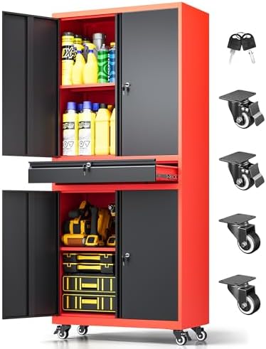 Metal Garage Storage Cabinet with Wheels, Rolling Garage Cabinet with Locking Doors and Adjustable Shelves, 73" Heavy Duty Steel Tool Cabinet with Drawer for Garage, Warehouse(Red Black) by LISSIMO