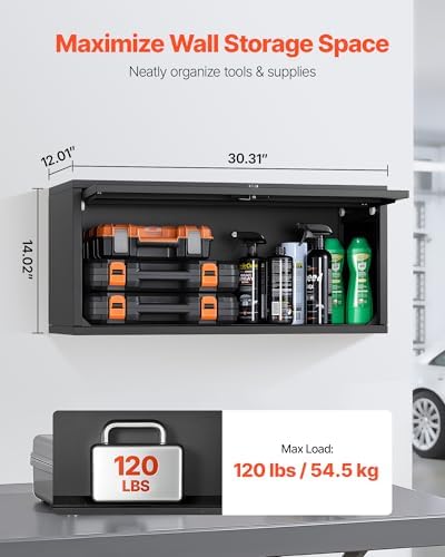 VEVOR Metal Wall Cabinet, 30.31W x 12.01D x 14.02H Inch, Floating Garage Tool Cabinet with Up-Flip Door, 120 lbs Load per Shelf, Fit for Garage, Basement, Kitchen, Warehouse, Assembly Required - Image 3