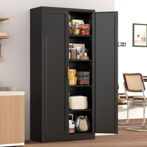 BESFUR 71" Tall Black Kitchen Pantry Cabinet, Metal Food Storage Cabinet with 4 Adjustable Shelves, Freestanding Cupboard with Doors for Kitchen, Dining Room, Living Room, Bathroom, Laundry Room - Image 2