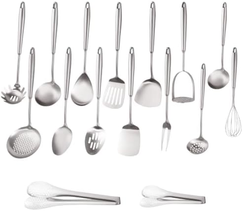 18/10 Stainlss Steel Cooking Utensils Set, 16 Pcs Long Stainless Steel Utensils Set, Metal Utensils Set with Spatula, Spoon, Ladle, Skimmer, Dishwasher Safe by Unknown