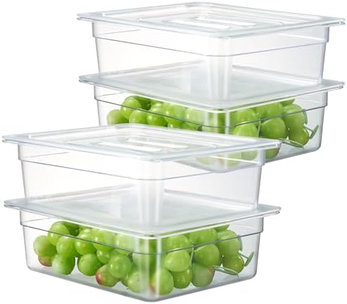 CURTA 4-Pack 1/2 Size 4" Deep NSF Polycarbonate Food Pans with Handled Lids & Drain Trays | Dishwasher & Freezer Safe Clear Container for Prep Tables, Buffet, Salad Bar, Commercial & Home Kitchen by CURTA