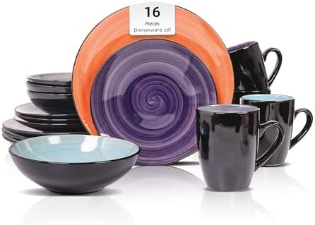 HomeVss, Stoneware Sonoma 16pc Dinnerware Set, Black + Speckled Spin Wash Mix Colors Grey, Orange, Purple, Turquoise by HomeVSS