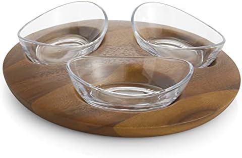 nambe Vie Condiment Server | 3 Piece Set | Perfect for Serving Nuts, Olives | Round Acacia Wood Tray with 3 Glass Serving Bowls | Functional and Stylish Snack Set | Measures at 12.5" x 2" by Unknown