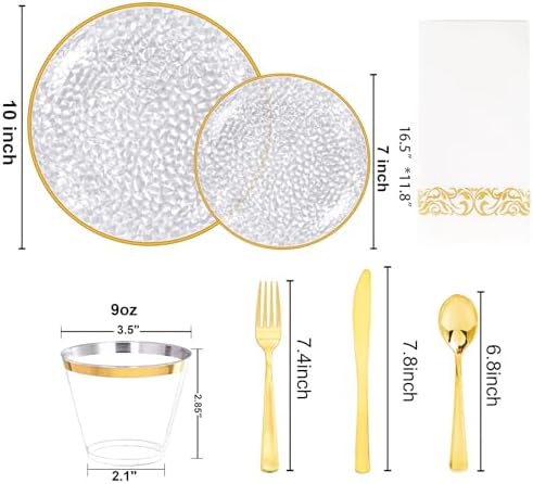 Rubtlamp 350 Pcs Clear Gold Plastic Plates, Hammered Disposable Dinnerware, Clear-Gold Plates Set Include 100 Plastic Platos, 150 Gold Disposable Silverware, 50 Cups And 50 Napkins for Party - Image 2
