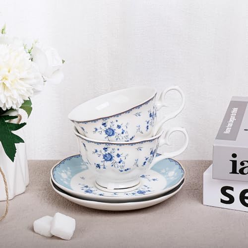 fanquare Blue Rose Porcelain Tea Cup and Saucer Set for 6 - Image 2