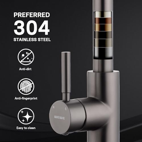 WEWE Pull-Down Kitchen Faucet, 3-Mode Sprayer, Matte Gray, High Arc - Image 4