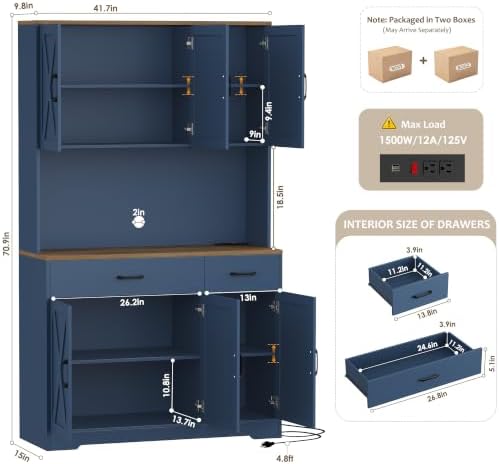 HOSTACK 71" H Kitchen Pantry Storage Cabinet, Farmhouse Hutch Cabinet, Blue - Image 3