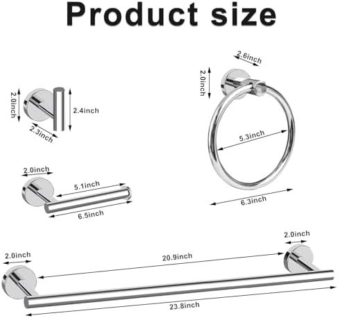 Cilee 10 Piece Chrome Bathroom Accessories Set, 24 inch Towel Bar Set - Image 6