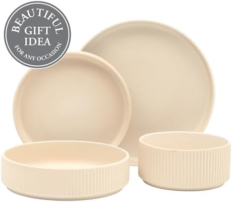 Gibson Elite Deerfield 16-Piece Stoneware Dinnerware Set – Cream White Reactive Glaze Plates and Bowls, Stackable Design, Service for 4 – Dishwasher & Microwave Safe - Image 4