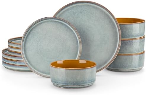 vancasso ONION Ceramic Plates and Bowls Sets, 12 Pieces Light Blue Dinnerware Sets for Kitchen, Reactive Glaze Dishes Set for 4, Dishwasher and Microwave Safe by vancasso
