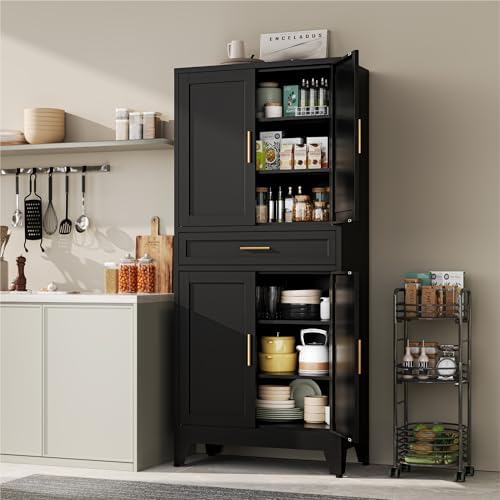 YAUWOH 71''Tall Kitchen Pantry Cabinet with Drawer,6-Tiers Metal Pantry Storage Cabinet with 4 Adjustable Shelves and 4 Barn Doors, Freestanding Farmhouse Food Cupboard for Dining Room (1PC,Black) - Image 2