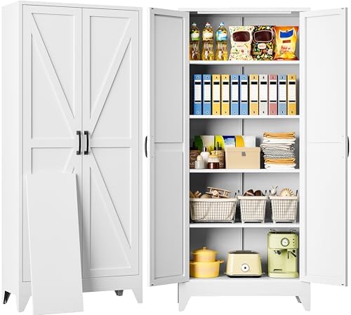 SISESOL 75" Tall Pantry Cabinet,Farmhouse Kitchen Pantry Storage Cabinets with 2 Doors and 5 Shelves,White Metal Storage Cabinet,Large Cupboard for Home,Kitchen,Dining/Living Room by SISESOL