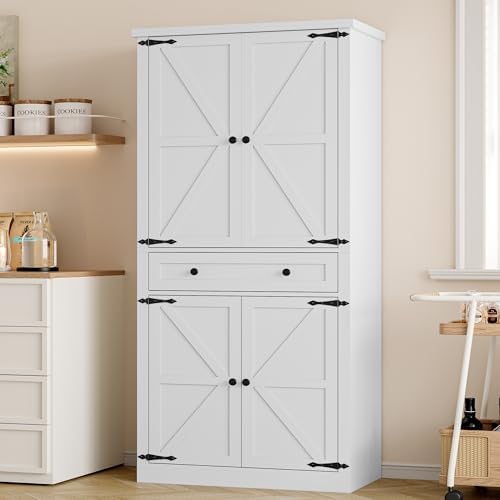 BORNOON Pantry Organizers and Storage Cabinet, 67.7” Barn Door White Kitchen Cabinet with Drawers and Adjustable Shelf, Tall Pantry for Kitchen, Dining Room, Living Room by BORNOON