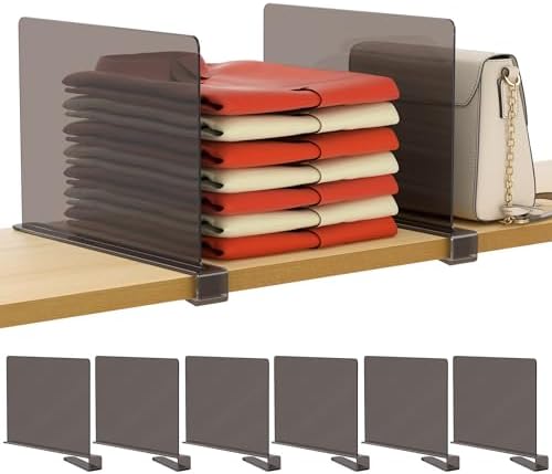 HBlife 6 Pack Grey Shelf Dividers, Vertical Purse Organizer for Closet Perfect for Sweater, Shirts, Handbags in Bedroom and Kitchen, Adjustable Acrylic Bookshelf for Organization by HBlife