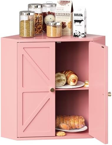 Trironsun Corner Bread Box for Kitchen Counter Double Layer Bamboo Bread Storage Container Large Capacity Bread Storage Bin Farmhouse Breadbox Organizer (Pink) by TrironsunHome
