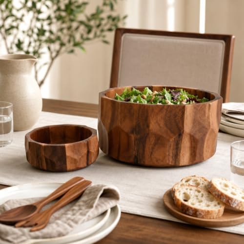 Arthur Court Large Diamond Pattern Acacia Wood Salad Serving Bowl - Modern Centerpiece for Fruits or Salads - 12" Diameter 6" Tall - Image 7