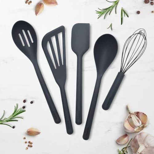 GreenPan Silicone 5 Piece Cooking Utensil Set, Slotted & Solid Spoon, Turner, Spatula, Whisk, Flexible Nonstick Kitchen Tools, Steel Core, Heat-Resistant Anti-Slip Handle BPA-Free Dishwasher Safe Gray - Image 4