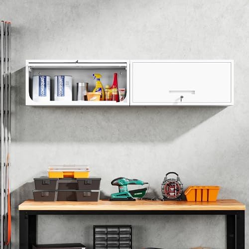 Yizosh Metal Wall Cabinet with Doors, Wall Mounted Storage Cabinet - Floating Tool Cabinet for Kitchen, Basement, Warehouse (White, 13.7" H) - Image 2