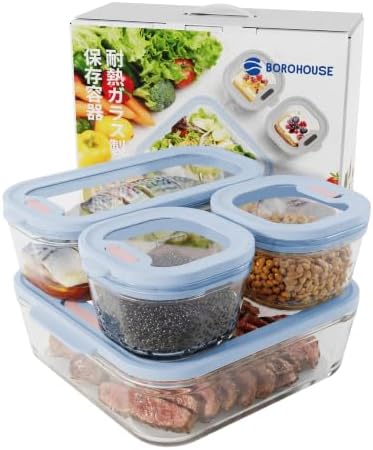 4-Pack Glass Food Storage Containers with Tempered Lids – Borosilicate, Airtight, Oven-Safe (-4°F~950°F), BPA-Free, 1Cup*2 & 2.3Cup*1 & 5.7Cup*1(Light blue) by BOROHOUSE