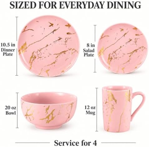 Pink Dinnerware Set for 4, 16-Piece Porcelain, Gold Marble - Image 3