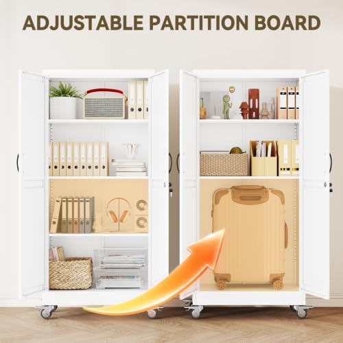 Metal Storage Cabinets with Wheels, Steel Tool Cabinets Lock Door and 3 Adjustable Shelves for Home Office, Garage, Kitchen (White, 61" H) - Image 4