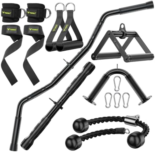 Cable Attachments for Gym, LAT Pulldown & Cable Machine Attachment Set: V-Shaped Bar, Rotating Straight Bar, V Rotation Handle, Nylon Tricep Rope, Ankle Straps & Handles, Home Gym by Toosci