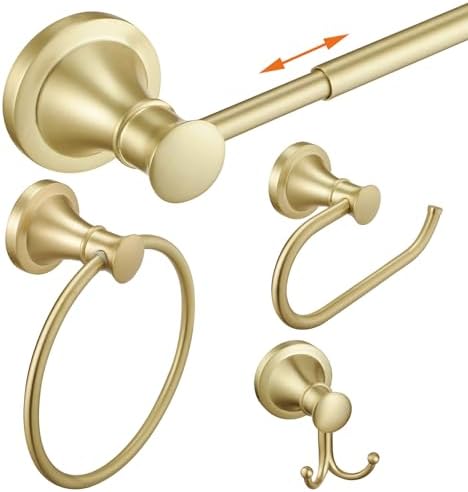 Hoimpro Brushed Gold 4-Piece Bathroom Bath Set, Wall Mount Bathroom Hardware Fixture (Adjustable Towel Bar Rack, Towel Ring Holder, Paper Towel Holder, Double Towel Hook), Bathroom Accessories by Hoimpro